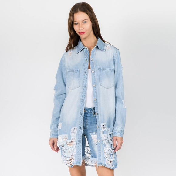 Long Length Distressed Denim Shirt Jacket Shacket Light Blue - Picture 1 of 2